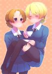  2girls artist_name bangs black_footwear black_legwear black_necktie blonde_hair blue_eyes blue_skirt blue_sweater blush braid carrying closed_eyes closed_mouth commentary cup darjeeling_(girls_und_panzer) dress_shirt girls_und_panzer holding holding_cup holding_saucer itsumip loafers long_sleeves looking_at_another miniskirt multiple_girls necktie orange_background orange_hair orange_pekoe_(girls_und_panzer) outline pantyhose parted_bangs pleated_skirt princess_carry saucer school_uniform shirt shoes short_hair skirt smile st._gloriana&#039;s_school_uniform standing sweatdrop sweater teacup v-neck white_outline white_shirt wing_collar 