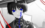  1boy bad_id bad_twitter_id blue_eyes eyeliner genshin_impact hat ij_xcm4o japanese_clothes jingasa looking_at_viewer makeup male_focus mitsudomoe_(shape) red_eyeliner scaramouche_(genshin_impact) short_hair smile solo tomoe_(symbol) 