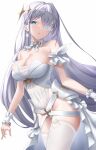  1girl azur_lane bangs bare_shoulders blue_eyes breasts cleavage covered_navel dress earrings emden_(azur_lane) eyebrows_visible_through_hair eyepatch feet_out_of_frame flower hair_ornament highres jewelry long_hair looking_at_viewer medium_breasts naga_(pixiv70891418) open_mouth rose solo standing thighhighs white_background white_dress white_flower white_hair white_legwear white_rose 