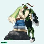  ammo_belt antennae_(anatomy) anthro bandai_namco blush bottomwear clothing denim denim_clothing digimon digimon_(species) duo gargomon green_body hi_res horn jeans kissing long_ears male male/male noki001 pants shirtless stingmon 