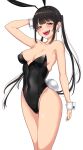  1girl absurdres animal_ears arm_behind_head arm_up armpits bangs black_hair black_leotard blunt_bangs blush bouhatei_(t-back) breasts collarbone commentary_request covered_navel earrings eyebrows_visible_through_hair fake_animal_ears fake_tail hairband happy highleg highleg_leotard highres jewelry leotard long_hair medium_breasts mole mole_under_eye open_mouth original playboy_bunny purple_eyes rabbit_ears rabbit_tail simple_background solo standing tail thighs twintails white_background wrist_cuffs 