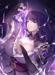 1girl bangs breasts bridal_gauntlets cleavage eyebrows_visible_through_hair genshin_impact hair_ornament highres japanese_clothes large_breasts lightning limeblock long_sleeves looking_at_viewer parted_lips purple_background purple_eyes purple_hair raiden_shogun upper_body weapon 