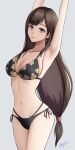  1girl absurdres armpits arms_up bikini breasts brown_hair closed_eyes cosplay cowboy_shot final_fantasy final_fantasy_vii final_fantasy_vii_remake floral_print highres kitagawa_marin kitagawa_marin_(cosplay) large_breasts long_hair looking_at_viewer low-tied_long_hair navel red_eyes side-tie_bikini simple_background solo sono_bisque_doll_wa_koi_wo_suru stomach swimsuit tifa_lockhart user_xmua8883 