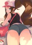  1girl ass bag blue_eyes blue_shorts blush brown_hair closed_mouth denim denim_shorts from_behind hat highres hilda_(pokemon) long_hair looking_at_viewer looking_back poke_ball poke_ball_(basic) pokemon pokemon_(game) pokemon_bw ponytail shorts sidelocks sleeveless solo spring2013 sweatdrop thighs 