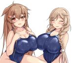  2girls alternate_costume bare_shoulders blue_swimsuit braid breasts brown_eyes brown_hair cleavage cloud_hair_ornament competition_school_swimsuit competition_swimsuit covered_navel hair_flaps highres kantai_collection large_breasts light_brown_hair long_hair looking_at_viewer minegumo_(kancolle) montemasa multiple_girls murasame_(kancolle) one-piece_swimsuit red_eyes simple_background swimsuit twin_braids two_side_up wet wet_clothes wet_hair wet_swimsuit white_background 