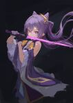  1girl absurdres black_background black_gloves covering_mouth detached_sleeves dress floating_hair genshin_impact gloves hair_between_eyes hair_cones hair_ornament highres holding holding_sword holding_weapon ichika_(ichika87) keqing_(genshin_impact) long_hair looking_at_viewer purple_dress purple_eyes purple_hair solo sword twintails upper_body weapon wide_sleeves 