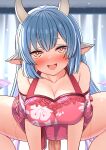  1boy 1girl animal_ears bare_shoulders blue_hair blush breasts brown_eyes catura_(granblue_fantasy) cleavage cow_ears draph dress eyebrows_visible_through_hair granblue_fantasy hekomii highres horns large_breasts looking_at_viewer open_mouth penis pink_dress sex smile solo_focus straddling 