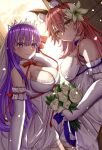  2girls absurdres animal_ear_fluff animal_ears backlighting bangs bare_shoulders bb_(fate) bb_(fate/extra) blush bouquet breasts bridal_veil cleavage collarbone dress elbow_gloves fate/extra fate/extra_ccc fate/grand_order fate_(series) flower fox_ears fox_girl fox_tail gloves grin hair_between_eyes hair_flower hair_ornament hair_ribbon highres large_breasts long_hair looking_at_viewer multiple_girls parted_lips pink_hair purple_eyes purple_hair red_ribbon ribbon sidelocks smile tail tamamo_(fate) tamamo_no_mae_(fate/extra) tiara toukan veil very_long_hair wedding_dress white_dress white_gloves yellow_eyes 