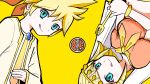  1boy 1girl aqua_eyes bangs blonde_hair bracelet brother_and_sister commentary_request cosmospice_(vocaloid) fork hair_ornament highres holding holding_fork jacket jewelry kagamine_len kagamine_rin licking_lips midriff neckerchief necktie official_art open_clothes open_jacket pinocchio-p siblings simple_background tongue tongue_out traditional_clothes turban twins veil vocaloid yellow_background yellow_neckerchief yellow_necktie yellow_theme 