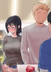  1girl black_hair blue_eyes blush breasts brown_hair buying_condoms cash_register cashier condom condom_box convenience_store employee_uniform faceless faceless_male highres large_breasts long_sleeves looking_away original poni_p ponytail shop store_clerk uniform 