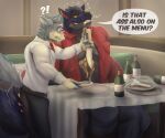  anthro big_bulge blush bottle bulge butt butt_grab canid canine canis dialogue drunk duo english_text fangs hand_on_butt hi_res huge_bulge knife male male/male mammal rockbiter_(jackstone) size_difference substance_intoxication text vodcat were werecanid werecanine werewolf wolf yellow_eyes 