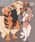  anthro arcanine blush bound breath bulge canid canine clothing collar dialogue duo ear_piercing english_text facial_piercing hand_behind_back hi_res leash lycanroc male male/male mammal midday_lycanroc muzzle_(object) nintendo nipples nose_piercing overweight overweight_anthro overweight_male pecs piercing pok&eacute;mon pok&eacute;mon_(species) simple_background strayserval text underwear video_games 