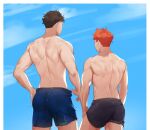  2boys artist_name ass back black_hair black_male_swimwear blue_male_swimwear border cloud day haikyuu!! hinata_shouyou liann1009 male_focus male_swimwear multiple_boys muscular muscular_male oikawa_tooru_(haikyuu!!) orange_hair outdoors short_hair sky topless_male wet wet_clothes white_border 