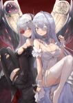  2girls :o azur_lane bangs black_dress black_gloves black_legwear blue_eyes blush breasts cleavage dress elbow_gloves emden_(azur_lane) eyebrows_visible_through_hair eyepatch flower gloves hair_ornament highres long_hair looking_at_viewer medium_breasts mg42cat-k1ng multiple_girls open_mouth partially_fingerless_gloves red_eyes red_flower red_rose rose siblings sideboob sisters sitting smirk teeth_hold thighhighs torn_clothes torn_legwear white_dress white_flower white_hair white_legwear white_rose 