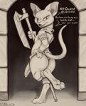  anthro claws dialogue domestic_cat erection felid feline felis genitals greyscale hairless hairless_cat hand_on_butt hi_res hindpaw looking_back male mammal melee_weapon monochrome pawpads paws penile_spines penis polearm pupils q-blackbun slit_pupils solo sphynx_(cat) weapon 