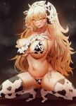  1girl absurdres animal_ears animal_print arm_up armpits bangs bikini blonde_hair blush breasts cow_ears cow_horns cow_print curvy ear_tag elbow_gloves fake_animal_ears fake_horns fang full_body gloves highres horns lara_(maplestory) large_breasts long_hair looking_at_viewer maplestory mole mole_on_breast navel nompang presenting_armpit print_bikini print_gloves print_legwear saliva side-tie_bikini skindentation solo squatting stomach sweat swimsuit thick_thighs thighs tiptoes wavy_hair yellow_eyes 