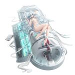  1girl absurdres arm_up bangs bare_arms bare_legs bare_shoulders barefoot blue_eyes breasts dress feet girls&#039;_frontline girls&#039;_frontline_neural_cloud grey_hair hair_between_eyes high_heels highres large_breasts long_hair looking_at_viewer machinery messy_hair official_art pa-15_(girls&#039;_frontline) parted_lips pipe shanyao_jiang_tororo slingshot_swimsuit solo swimsuit swimsuit_under_clothes thighs very_long_hair white_background white_dress white_footwear 