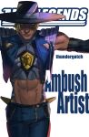  1boy abs apex_legends black_headwear bleach blonde_hair blue_eyes blue_jacket clothing_cutout copyright_name cover cover_page dark-skinned_male dark_skin fake_cover highres jacket lip_piercing logo_parody looking_at_viewer male_focus manga_cover piercing seer_(apex_legends) solo stomach_cutout thundergotch white_background 