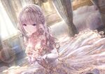  1girl :o bangs bare_shoulders blunt_bangs bow braid breasts cleavage dress dusk flower frilled_dress frills hair_bow hair_ribbon highres indoors jewelry large_breasts light_brown_hair long_hair missile228 original pink_bow purple_eyes ribbon solo sunlight tiara window 