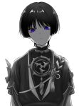  1boy absurdres bad_id bad_twitter_id blue_eyes expressionless eyeliner genshin_impact highres ij_xcm4o japanese_clothes looking_at_viewer makeup male_focus mitsudomoe_(shape) monochrome red_eyeliner scaramouche_(genshin_impact) short_hair short_sleeves solo spot_color tomoe_(symbol) 