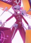  :3 absurdres arms_at_sides bodysuit bone breasts closed_mouth daniel_deves eyes_visible_through_hair eyes_visible_through_headwear feet_out_of_frame flipped_hair hair_between_eyes hat highres jakuzure_nonon kill_la_kill looking_at_viewer pink_eyes pink_hair print_headwear red_bodysuit red_headwear shako_cap short_hair_with_long_locks sidelocks skeleton_print skull small_breasts symphony_regalia tsurime 