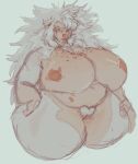  absurd_res albino anthro areola belly belly_nipples big_breasts big_hair breasts digital_media_(artwork) female gatorgutzz genitals hair hand_on_hip hi_res huge_breasts huge_thighs hyaenid mammal navel nipples pubes pussy solo thick_thighs white_hair 