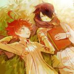  1boy 1girl ahoge all_275927 book brown_scarf closed_eyes emma_(yakusoku_no_neverland) eyebrows_visible_through_hair grass highres holding holding_book holding_hands looking_at_another lying on_back open_mouth orange_hair outdoors ray_(yakusoku_no_neverland) scarf yakusoku_no_neverland 