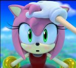  3d_(artwork) accessory amy_rose anthro black_nose blush bracelet clothing digital_media_(artwork) dress duo eulipotyphlan eyelashes female fur gloves green_eyes hair_accessory hairband hand_on_head handwear headpat hedgehog hi_res jewelry looking_at_viewer mammal pink_body pink_fur red_clothing red_dress sega solo_focus sonic_the_hedgehog sonic_the_hedgehog_(series) unknown_artist 