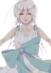  1girl bare_arms blue_eyes bow breasts collarbone dress dress_bow highres lips long_hair looking_at_viewer nier nier_(series) simple_background smile solo white_background white_dress white_hair yonah 