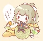  1girl :3 bangs black_legwear blush_stickers bread chibi cup food fruit green_hair green_skirt hair_ribbon highres kantai_collection melon melon_bread nada_namie pantyhose pleated_skirt ponytail ribbon short_sleeves signature simple_background skirt solo symbol-only_commentary translation_request white_ribbon yuubari_(kancolle) yuubari_kai_ni_(kancolle) 