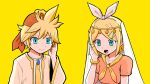  1boy 1girl aqua_eyes bangs blonde_hair bracelet brother_and_sister collarbone commentary_request cosmospice_(vocaloid) hair_ornament highres jacket jewelry kagamine_len kagamine_rin neckerchief necklace necktie official_art open_clothes open_jacket open_mouth pinocchio-p siblings simple_background smile traditional_clothes turban twins veil vocaloid yellow_background yellow_neckerchief yellow_necktie yellow_theme 