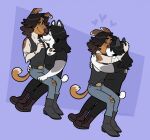  anthro blue_background boots bottomwear boyfriends cadaverrdog canid canine canis chest_tuft chibi clothing denim denim_clothing domestic_dog duo ear_piercing ear_ring eli_(fleetwoodbrak) eyes_closed facial_hair footwear gio_(cadaverrdog) hair half-closed_eyes hybrid jeans jewelry kissing long_hair love male male/male mammal narrowed_eyes necklace on_lap pants piercing romantic romantic_couple sideburns simple_background sitting_on_lap smile studded_belt torn_bottomwear torn_clothing torn_pants tuft wolfdog 