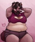  &lt;3 2022 anthro belly belly_rolls big_belly big_breasts black_hair black_lips breasts chubby_female cleavage_cutout clothing collar colored_nails ear_piercing fangs fat_rolls female fur fur_tuft hair hand_on_head hi_res hyaenid leena_(miltonholmes) lips looking_at_viewer mammal miltonholmes muffin_top nails overweight overweight_female piercing pink_eyes pudgy_belly purple_clothing purple_shirt purple_topwear shirt simple_background smile smiling_at_viewer solo spots spotted_body spotted_fur thick_thighs topwear tuft watermark 