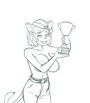  1:1 2022 anthro award big_breasts breasts callmewritefag clothed clothing cyberconnect2 digital_drawing_(artwork) digital_media_(artwork) domestic_cat english_text felid feline felis female fuga:_melodies_of_steel fur hair hi_res little_tail_bronx looking_at_viewer mammal monochrome muscat_(fuga) nipples shirtless simple_background sketch smile solo text trophy video_games 