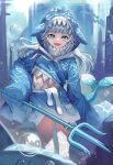  1girl blue_eyes blue_hair blue_jacket bubble fish_tail gawr_gura grey_hair highres holding holding_polearm holding_weapon hololive hololive_english hood hooded_jacket jacket long_hair looking_at_viewer open_mouth polearm refla shark_tail sharp_teeth shiny shiny_hair sleeves_past_fingers sleeves_past_wrists smile solo tail teeth thighs trident underwater virtual_youtuber weapon 