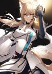  1girl animal_ear_fluff arknights arm_up bangs banned_artist belt bishounen blonde_hair breasts closed_mouth coat eyebrows_visible_through_hair feet_out_of_frame gauntlets headset kyoeiki large_breasts long_hair looking_at_viewer nearl_(arknights) nearl_the_radiant_knight_(arknights) smile solo standing white_coat yellow_eyes 