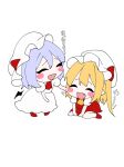  2girls arm_up ascot bangs bat_wings blonde_hair blush chibi closed_eyes collared_shirt commentary_request dress eringi_(rmrafrn) eyebrows_visible_through_hair eyelashes fang flandre_scarlet hair_between_eyes hand_on_another&#039;s_cheek hand_on_another&#039;s_face hand_up hat hat_ribbon highres mob_cap multiple_girls no_wings one_side_up open_mouth pointy_ears puffy_short_sleeves puffy_sleeves purple_hair red_ascot red_dress red_footwear red_ribbon remilia_scarlet ribbon seiza shirt shoes short_hair short_sleeves siblings simple_background sisters sitting smile standing touhou translation_request white_background white_dress white_headwear white_shirt wings yellow_ascot 