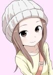  1girl absurdres beanie brown_eyes brown_hair closed_mouth commentary_request forehead hat highres inaba_mifumi karakai_jouzu_no_takagi-san long_hair long_sleeves looking_at_viewer pink_background shirt simple_background smile solo takagi-san upper_body white_headwear yellow_shirt 