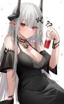  1girl ? ?? arknights bangs bare_shoulders black_choker black_dress black_gloves blush bracelet breasts choker cleavage closed_mouth cup detached_sleeves dress drink drinking_glass eyebrows_visible_through_hair gloves grey_hair hair_ornament highres holding holding_cup horns jewelry large_breasts long_hair looking_at_viewer mudrock_(obsidian)_(arknights) necklace official_alternate_costume oripathy_lesion_(arknights) pointy_ears raw_egg_lent red_eyes short_sleeves single_glove solo sparkle very_long_hair 