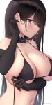  1girl adjusting_hair akira_shiun arm_under_breasts bangs bikini black_bikini black_gloves black_hair blush breasts cleavage closed_mouth commentary_request elbow_gloves eyebrows_visible_through_hair from_side gloves hair_over_one_eye hand_up highres large_breasts long_hair looking_at_viewer looking_to_the_side navel original parted_lips profile purple_eyes simple_background skindentation solo swimsuit twitter_username underboob untied untied_bikini upper_body white_background 