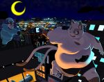  2022 anthro belly big_belly black_body black_nose bodily_fluids bottomwear city clothing detailed_background domestic_cat duo felid feline felis giant_panda hat headgear headwear hi_res hisashiyo_0705 humanoid_hands kemono male mammal moobs moon night outside overweight overweight_male pajama_pants pajama_shirt pajamas scared shirt shorts tears topwear ursid white_body 