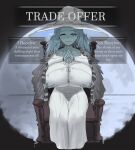  1girl absurdres blue_eyes blue_hair blue_skin booruguru breast_hold breasts cape colored_skin curvy dress elden_ring english_commentary english_text extra_arms extra_faces fur_cape hat highres huge_breasts meme own_hands_together ranni_the_witch throne trade_offer_(meme) user_xghy7583 white_dress witch_hat 