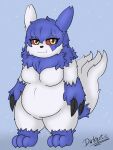  3_toes amy_the_mystgoose blue_body blue_fur breasts claws clipstudio darknetic digital_media_(artwork) fak&eacute;mon feet female feral fluffy fluffy_tail fur happy hi_res hybrid meowstic mystgoose neck_tuft nintendo pok&eacute;mon pok&eacute;mon_(species) red_sclera shaded short_stack simple_background slightly_chubby smile solo toes tuft video_games white_body white_fur yellow_eyes zangoose 