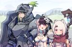  1boy 2girls alternate_costume animal_ears armor black_hair blush braid breastplate breasts cat_ears cleavage commentary_request day detached_collar dress earrings eyebrows_behind_hair green_hair green_lips hair_ornament hair_over_one_eye hairband hairclip hanabatake_chaika hatyuuruinohito helm helmet highres holding holding_staff jewelry long_hair looking_at_viewer medium_breasts multicolored_hair multiple_girls nijisanji official_alternate_costume open_mouth outdoors pink_dress pink_hair poncho puffy_short_sleeves puffy_sleeves red_eyes shield shiina_yuika short_sleeves shoulder_armor split-color_hair staff strapless strapless_dress streaked_hair sword two_side_up upper_body virtual_youtuber weapon white_dress white_hair yellow_eyes yorumi_rena 
