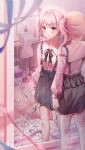  1girl absurdres akiyama_mizuki bangs bingyam black_bow black_bowtie black_skirt blush bow bowtie braid broken_mirror frills highres long_sleeves pink_eyes pink_hair pink_shirt project_sekai scissors shirt skirt solo standing suspender_skirt suspenders through_mirror two_side_up 