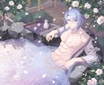  1boy abs asymmetrical_bangs bangs blue_eyes blue_hair blush bottle branch choko_(cup) closed_mouth cup falling_petals genshin_impact hair_between_eyes haori highres japanese_clothes kamisato_ayato looking_at_viewer male_focus muscular muscular_male navel onsen pectorals petals petals_on_liquid sake_bottle shelia950110 smile solo tray 