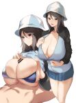  1girl aji_(sakanaaj1) bangs bar_censor bikini bikini_top_only blue_skirt breasts brown_eyes brown_hair censored cleavage closed_mouth erection girls_und_panzer hat highres huge_breasts long_hair lying mika_(girls_und_panzer) nude on_back open_mouth out_of_frame paizuri penis shirt_tucked_in skirt smile solo_focus standing swimsuit thighs tulip_hat unzipping white_background zipper_pull_tab 