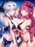  2girls bangs blue_eyes braid breasts fairy_knight_tristan_(fate) fate/grand_order fate_(series) french_braid grey_eyes grey_hair highres large_breasts long_hair looking_at_viewer m-da_s-tarou morgan_le_fay_(fate) multiple_girls pink_hair pointy_ears ponytail sidelocks thighs very_long_hair 