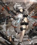  1girl absurdres animal_ears arknights bare_legs black_footwear black_shorts breasts broken_glass cat_ears cleavage commentary crop_top crossbow foot_out_of_frame glass grey_hair highres holding holding_crossbow holding_weapon hyv_(rwrf8343) infection_monitor_(arknights) jacket long_hair long_sleeves looking_at_viewer medium_breasts midriff navel open_clothes open_jacket ponytail pouch schwarz_(arknights) shoes short_shorts shorts solo stomach thigh_strap thighs weapon white_jacket yellow_eyes 