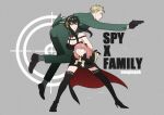  1boy 2girls :o ahoge anya_(spy_x_family) bangs black_dress black_gloves black_hair black_legwear blonde_hair blue_eyes breasts carrying cleavage closed_mouth donotrepost_art dress earrings eden_academy_uniform full_body gloves gold_hairband green_jacket green_pants grey_background gun holding holding_gun holding_weapon horn_ornament horns jacket jewelry lifting_person long_sleeves looking_to_the_side multi-strapped_dress multiple_girls pants pendant pink_hair red_eyes revolver rose_hair_ornament shoulder_carry sidelocks sleeveless sleeveless_dress spy_x_family standing suit_jacket sweatdrop symbol-only_commentary thighhighs twilight_(spy_x_family) weapon yor_briar 